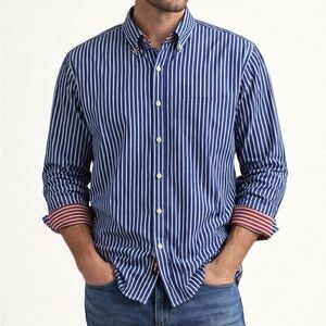 Lincs DC & Co Blue Striped Button Casual Down Shirt with Maroon Striped Lining